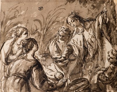 A fáraó lánya felfedezi a csecsemő Mózest, Mózes megtalálása alkotó: Bolognese School