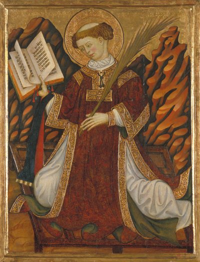 Római Szent Lőrinc (210-258 körül) (a Bibliát olvasó, a mártírok tenyerét tartó diakónus jelmezében, kínzása rácsán térdelve) - Bonanat Zaortiga festménye (aktív XV. század), tempera fán (80 ,2x62 cm), 1430 körül - Szent Lőrinc, alkotó: Bonanat Zaortiga
