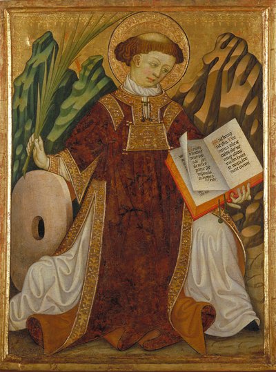 Zaragozai Szent Vince (4. század) (a Bibliát olvasó, a mártírok tenyerét tartó diakónus jelmezében, kínzása malomköve közelében) - Bonanat Zaortiga festménye (aktív 15. század), tempera fára (80,2x61) , 5 cm), 1430 körül - Saint Vincent, alkotó: Bonanat Zaortiga