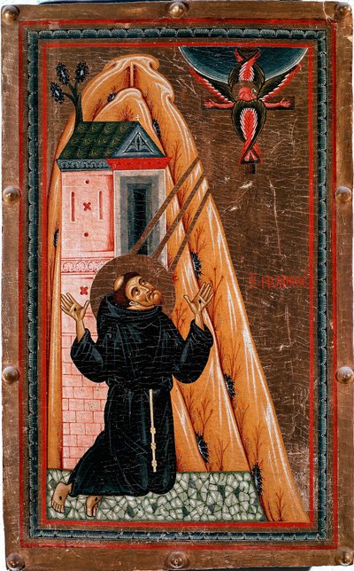 Assisi Szent Ferenc élete „” Szent Ferenc stigmákat kap”” A keresztre feszített Jézus szerafinként jelenik meg előtte. Bonaventura Berlinghieri festménye fára (aktív 1228-1274 körül), dim. 80x51 cm Galleria degli Uffizi (Irodák) Firenze alkotó: Bonaventura Berlinghieri