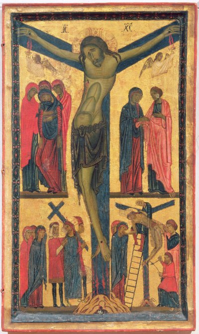 A keresztrefeszítés szent asszonyokkal, gyászolókkal, Krisztus a kálváriához vezető úton és a lerakás, diptichon jobb oldali panele (tempera a panelen) alkotó: Bonaventura Berlinghieri