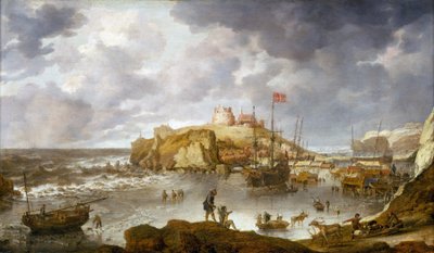 Arkangyal kikötője (Oroszország), részben befagyva, egy dán zászlót viselő hajóval alkotó: Bonaventura Peeters