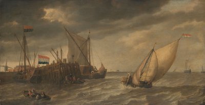 Utazók kiszállnak a Schelde mólójánál az erős szélben alkotó: Bonaventura Peeters