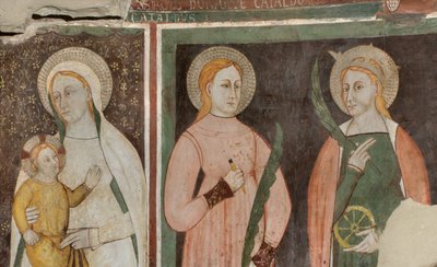 Északi kereszthajó, Szent Mihály arkangyal oltára, az oltárkép mögött Bonifác Bembo, Szűz és Gyermek Szent Aquilina és Alexandriai Szent Katalin freskói alkotó: Bonifacio Bembo