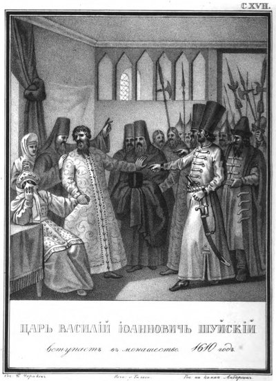 Vaszilij Ivanovics Shuisky cár szerzetesi felszentelése, 1610 Az illusztrált Karamzinból, 1836 alkotó: Boris Artemyevich Chorikov