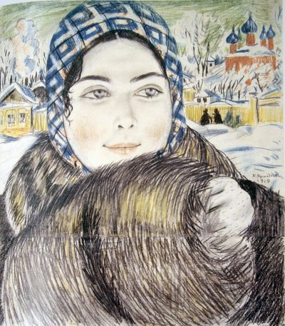 Egy fiatal kereskedő felesége Kustodiev kockás sálban, Borisz Michailovics (1878-1927) alkotó: Boris Mikhailovich Kustodiev
