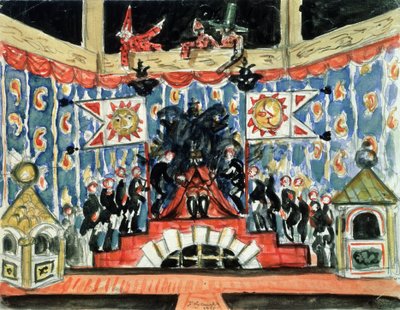 Decor preparatoire pour la piece la puce de Evgueni (Ievgueni, Eugene, Evgeni) Zamiatine (1884-1937) (E. Zamyatin The Flea című darabjának színpadtervezése). Borisz Michaylovich Kustodiev (Koustodiev) (1878-1927) életműve, tempera sur bois alkotó: Boris Mikhailovich Kustodiev