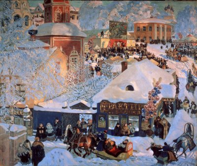 Tél, Mardi Gras (Winter, Schrovetide). Hagyományos ünnepségek egy vidéki város hófödte utcáin. A város épületeinek leírása mellett a léggömbhalmazok, a körhinta, a kocsmák kirakatai és a húzott szánok alkotó: Boris Mikhailovich Kustodiev