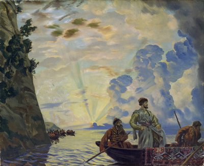 A kozák vezér Sztyepan (Stenka) Timofejevics Razin (1630-1671) egy csónakban. Felkelést vezetett a nemesség és a cári bürokrácia ellen Dél-Oroszországban (Stepan Razin). Borisz Michailovics Kustodiev (Kustodiev) festménye (1878-192) alkotó: Boris Mikhailovich Kustodiev