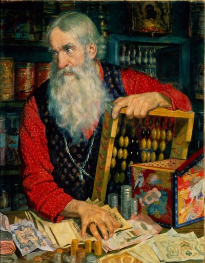 A kereskedő (öreg pénzes és abakuszos). Borisz Michaylovich Kustodiev (Kustodiev) (1878-1927) festménye, olaj, vászon alkotó: Boris Mikhailovich Kustodiev