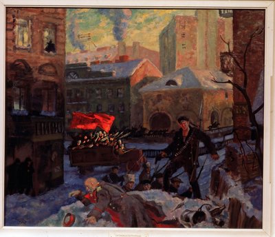 1917 októberében Szentpéterváron (1917 októberében Petrográdban). Akciójelenet fegyveres forradalmárok csoportja között, akik közül az egyik éppen most ölte meg az orosz hadsereg egyik tisztjét, a hóval borított város utcáin, ahol fegyveres katonákból álló alkotó: Boris Mikhailovich Kustodiev