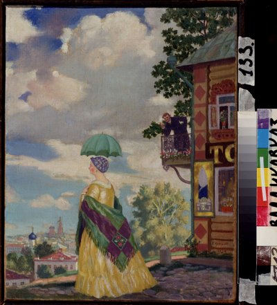 Tartomány (Province). A város fölé emelt macskaköves utcában egy sárga ruhás nő, az esernyőjéhez illő, hanyagul visszafogott kendővel bámulja a panorámát. Egy öltönyös férfi az erkélyén cigarettázik, miközben őt nézi. Bori festmény alkotó: Boris Mikhailovich Kustodiev