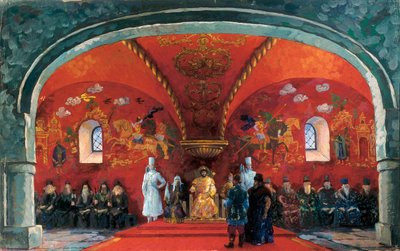 Borisz Fjodorovics Godunov (1551-1605), Oroszország cárjának ábrázolása, Alekszandr Szergejevics Puskin „Borisz Godunov” című színházi darabjának dekorációja (olaj, vászon) alkotó: Boris Mikhailovich Kustodiev