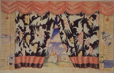 Függönyvázlat E. Zamyatin: A bolha című színházi darabhoz, 1925-1926 alkotó: Boris Mikhailovich Kustodiev