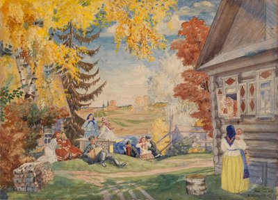 Színpadterv Alekszandr Neverov Parasztnők című színházi darabjához, 1920 alkotó: Boris Mikhailovich Kustodiev