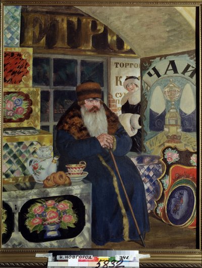 Festett dobozok kereskedője (A Bags Merchant). Egy vastag kabátba öltözött férfi, széles prémgallérral, áruja közelében várakozik, a teáskannával, mellette süteményekkel. Mögötte, a bevásárlóutcában egy elegáns nő mosolyog. Festék alkotó: Boris Mikhailovich Kustodiev