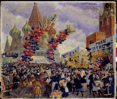 Vásár a Kreml Vörös terén Moszkvában (Show standok). A tömeg a piac gigantikus léggömbhalmazokkal díszített különféle kereskedelmi platformjai között kanyarog. Megtekinthetjük a moszkvai Szent Bazil-székesegyházat (Szent Bazil alkotó: Boris Mikhailovich Kustodiev