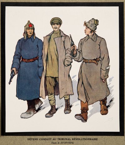 A fogvatartott forradalmi bíróság elé kerül; a Histoire des Soviets, pub. 1922 (színes litó) alkotó: Boris Vasilievich Zvorykin