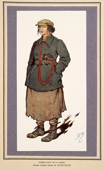 Női titkosügynök a Histoire des Soviets-ból, pub. 1922 (színes litó) alkotó: Boris Vasilievich Zvorykin