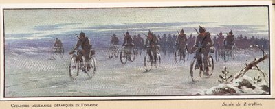 Finnországba érkező német kerékpárosok; a Histoire des Soviets, pub. 1922 (színes litó) alkotó: Boris Vasilievich Zvorykin