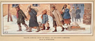 Szovjet munkások, akik ételadagjukkal hagyják el az irodát, a Histoire des Soviets kocsmából. 1922 (színes litó) alkotó: Boris Vasilievich Zvorykin