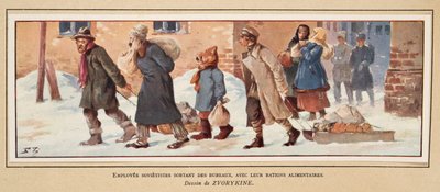 Szovjet munkások, akik ételadagjukkal hagyják el az irodát, a Histoire des Soviets kocsmából. 1922 (színes litó) alkotó: Boris Vasilievich Zvorykin