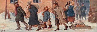 A szovjet munkások ételadagjukkal hagyják el irodáikat (színes litho) alkotó: Boris Vasilievich Zvorykin
