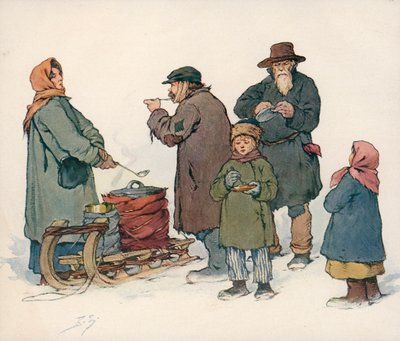 Nő forró levest árul az utcán Szovjet-Oroszországban (színes litó) alkotó: Boris Vasilievich Zvorykin