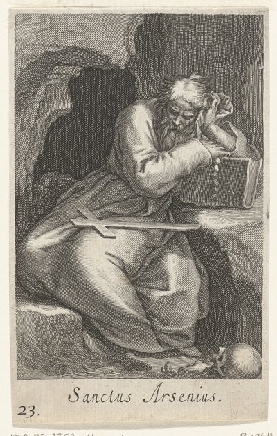 Nagy Szent Arzén, mint remete Sanctus Arsenius (cím a tárgyon) Remeték (sorozat címe) Sacra eremvs ascetarvm (sorozat címe) alkotó: Boëtius Adamsz. Bolswert