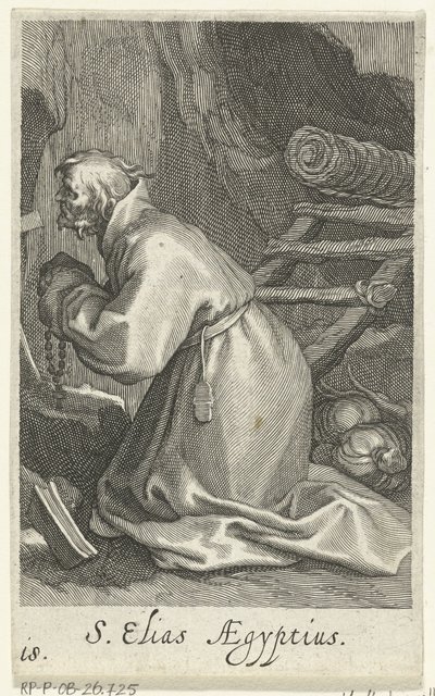 Cézárei Szent Illés remeteként S. Elias Aegyptius (cím a tárgyon) Remeték (sorozat címe) Sacra eremvs ascetarvm (sorozat címe) alkotó: Boëtius Adamsz. Bolswert