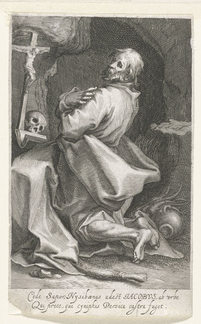 Heilige Jacobus van Nisibis als kluizenaar Cede sapor Nysibaenus (...) Persica elmenekül a táborból (cím a tárgyon) Kluizenaars (sorozat címe) A szent tükörnél (...) szárnyakat ad az atyáknak (sorozat címe) alkotó: Boëtius Adamsz. Bolswert