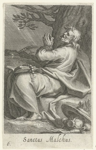 Kálci Szent Malkusz mint remete Sanctus Malchus (cím a tárgyon) Remeték (sorozat címe) Sacra eremvs ascetarvm (sorozat címe) alkotó: Boëtius Adamsz. Bolswert