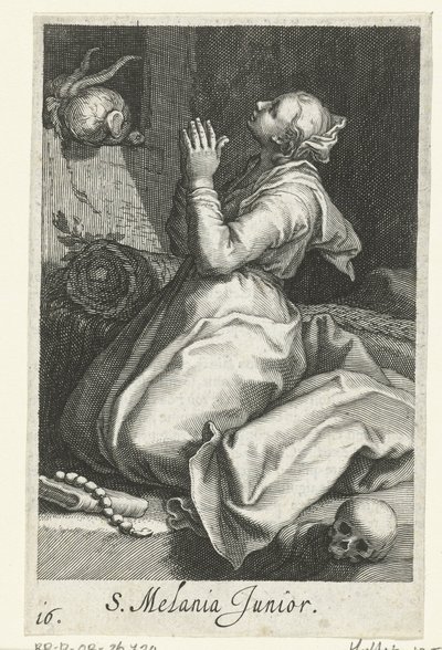 Ifjabb Szent Melánia remetenőként S. Melania Junior (cím a tárgyon) Remetenők (sorozat címe) Sacra Eremus Ascetriarum (sorozat címe) alkotó: Boëtius Adamsz. Bolswert