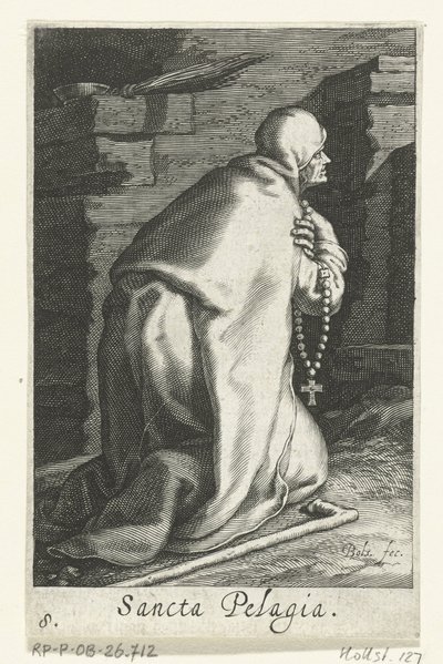 Antiochiai Szent Pelagia remetenőként Sancta Pelagia (cím a tárgyon) Remetenők (sorozat címe) Sacra Eremus Ascetriarum (sorozat címe) alkotó: Boëtius Adamsz. Bolswert