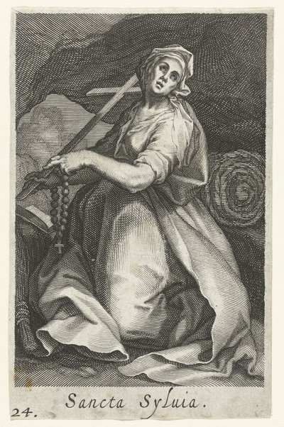Római Szent Szilvia remetenőként Sancta Syluia (cím a tárgyon) Remetenők (sorozat címe) Sacra Eremus Ascetriarum (sorozat címe) alkotó: Boëtius Adamsz. Bolswert
