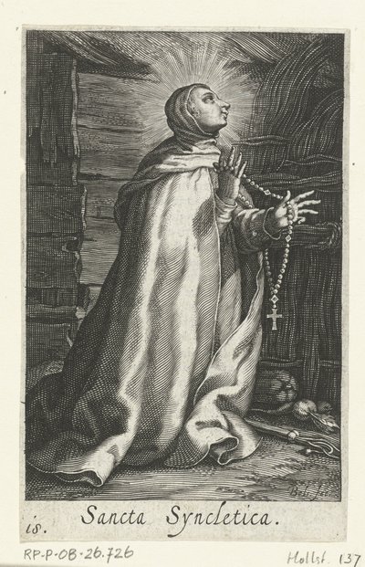 Alexandriai Szent Szinkletika remeteként Sancta Syncletica (cím az objektumon) Remeték (sorozat címe) Sacra Eremus Ascetriarum (sorozat címe) alkotó: Boëtius Adamsz. Bolswert