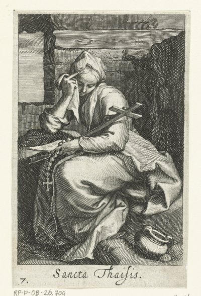 Alexandriai Szent Thaisz remetenőként Sancta Thaisis (cím a tárgyon) Remetenők (sorozat címe) Sacra Eremus Ascetriarum (sorozat címe) alkotó: Boëtius Adamsz. Bolswert