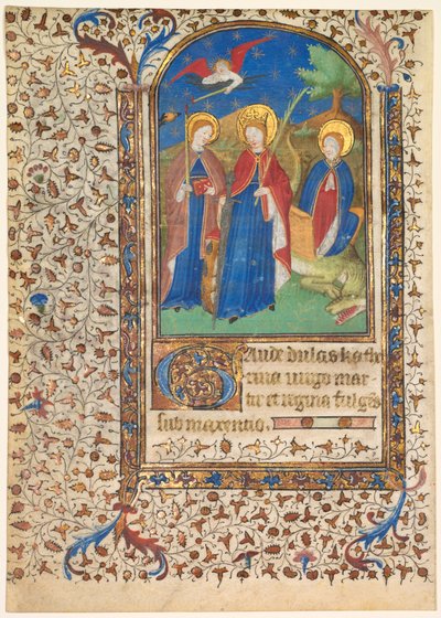 Levél az órák könyvéből: Sts. Geneviève, Alexandriai Katalin és Margaret recto..., c. 1415 alkotó: Boucicaut Master