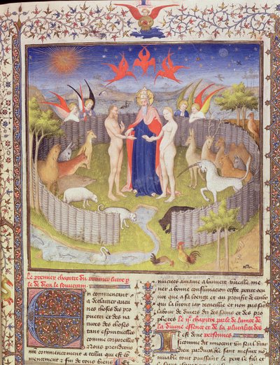 Ms 251, f.16r: Ádám és Éva házassága a Des Proprietes De Choses-ból, 1415 körüli aranylevél, arany tinta és tempera, 276966 pergamenrészleten alkotó: Boucicaut Master