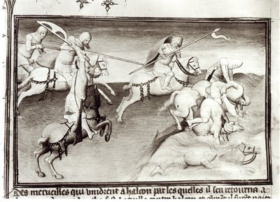 Ms Fr 2810 A mongol vezér, Hulagu, az Ilkhanátus kánja 1262-ben üldözi unokatestvérét, Berkét, a Kipchak vagy az Arany Horda kánját, és egy folyóba kényszeríti Livre des Merveilles du Monde-ból, 1410 körül- alkotó: Boucicaut Master