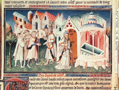 Ms Fr 2810 fol.274, Zarándokok a jeruzsálemi Szent Sír templom előtt, „Livre des Merveilles de Monde”, 1410–1212 körül (tempera on vellum) alkotó: Boucicaut Master