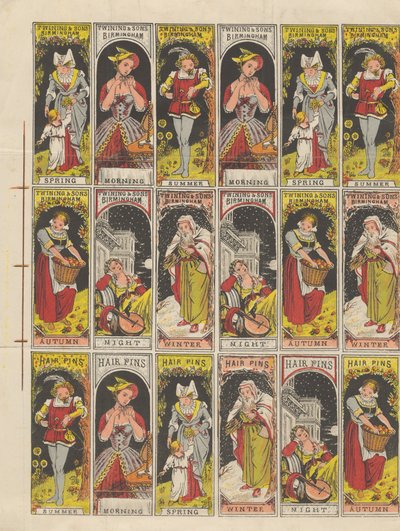 18 darab címkét tartalmazó készlet a „Twining & Sons” hajtűdobozokból. alkotó: Bradshaw and Blacklock
