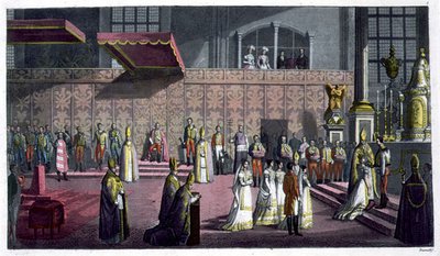 Magyarország királynőjét koronázó prímása a kollégiumi templomban, Westprim, Magyarország, Jules Ferrario „Le Costume Ancien et Moderne” 5. táblája, az 1820-as és 30-as évek körül megjelent (színes litó) alkotó: Bramati Bramati