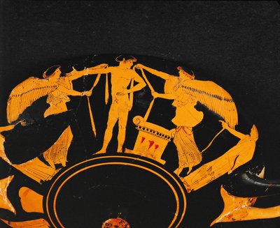 Nike, a győzelem istennője, szalagokat helyez egy oltár mellett álló fiatal sportolóra ... alkotó: Briseis Painter