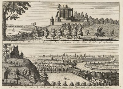 "A Greenwich Parkban lévő csillagvizsgáló látképe...[és] Deptford és London látképe a Greenwich Parkban lévő Flamsteed Hillről", 1750 körül (metszet). alkotó: British School