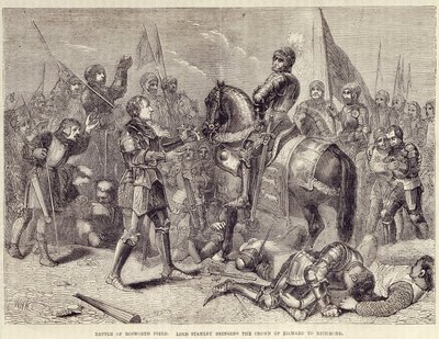 Bosworth-i csata mező. Lord Stanley III. Richard koronáját Richmondba viszi (1485): a két rózsa háborújának vége – „” Cassell illusztrált Anglia történelmében”, 2. köt. II, William Howitt alkotó: British School