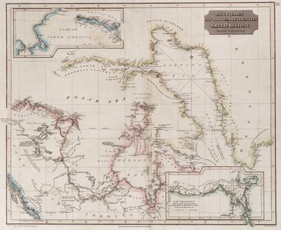 Ross, Parry és Franklin 1818-1827 közötti sarkvidéki felfedezéseit bemutató térkép, 1830 körül (színes metszet) alkotó: British School