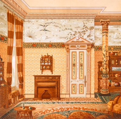 Tervezés egy esztétikus belső térhez, az 1880-as években kiadott „Interior Decorations Designed by McCulloch & Gow”-ból (színes litho) alkotó: British School