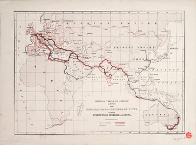 Az Európa, India, Ausztrália és Kína közötti távíróvonalak általános térképe alkotó: British School