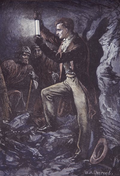 Humphry Davy Davy biztonsági lámpával bányászoknak, 1815-ben feltalálva (kézzel színezett fametszet) alkotó: British School